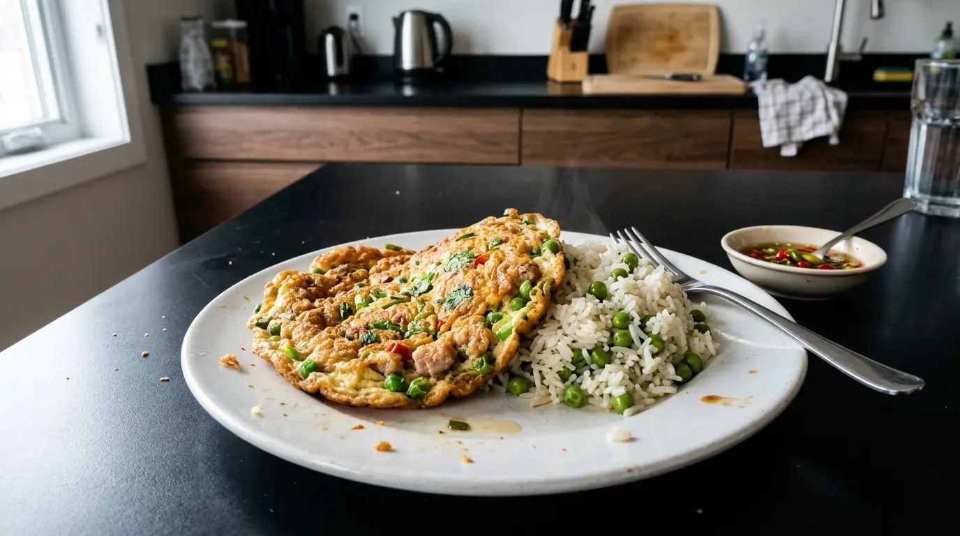 Tajski omlet z ryżem jaśminowym i zielonym groszkiem