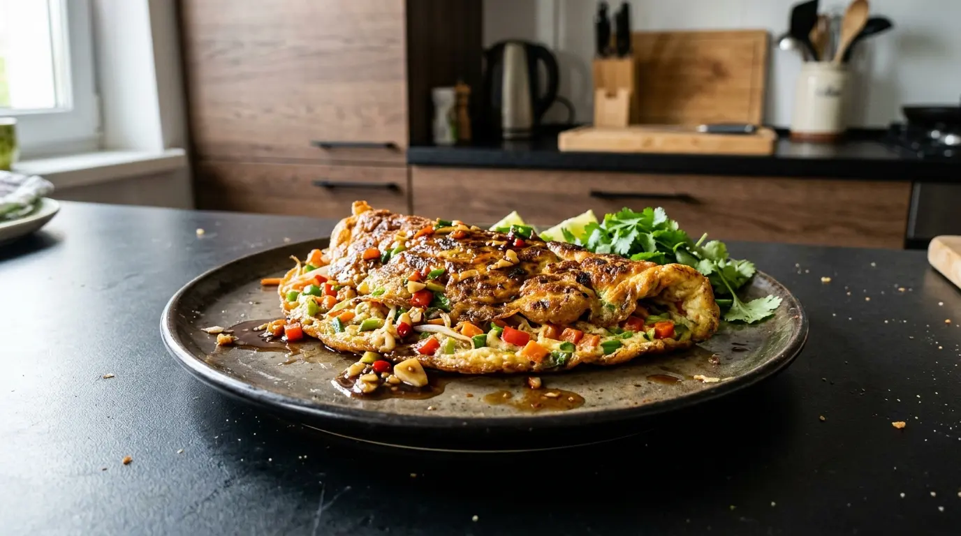 Tajski omlet z warzywami i sosem sojowo-czosnkowym