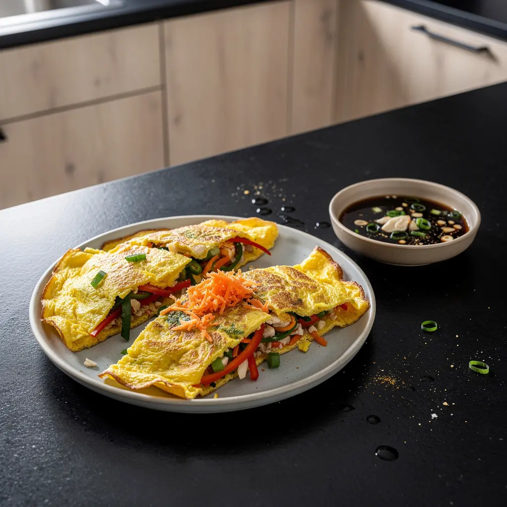 Tajski omlet z warzywami i sosem sojowo-czosnkowym