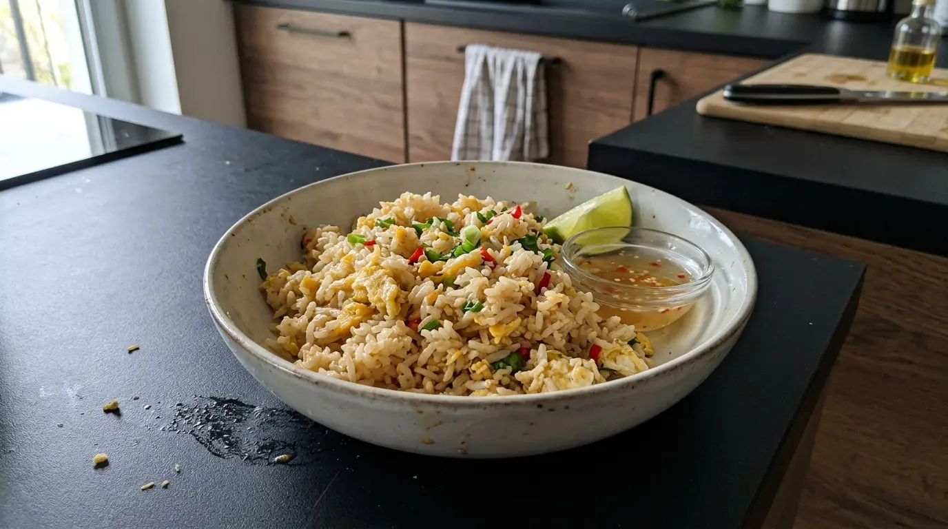 Riz jasmin thaïlandais avec œuf et sauce au citron vert