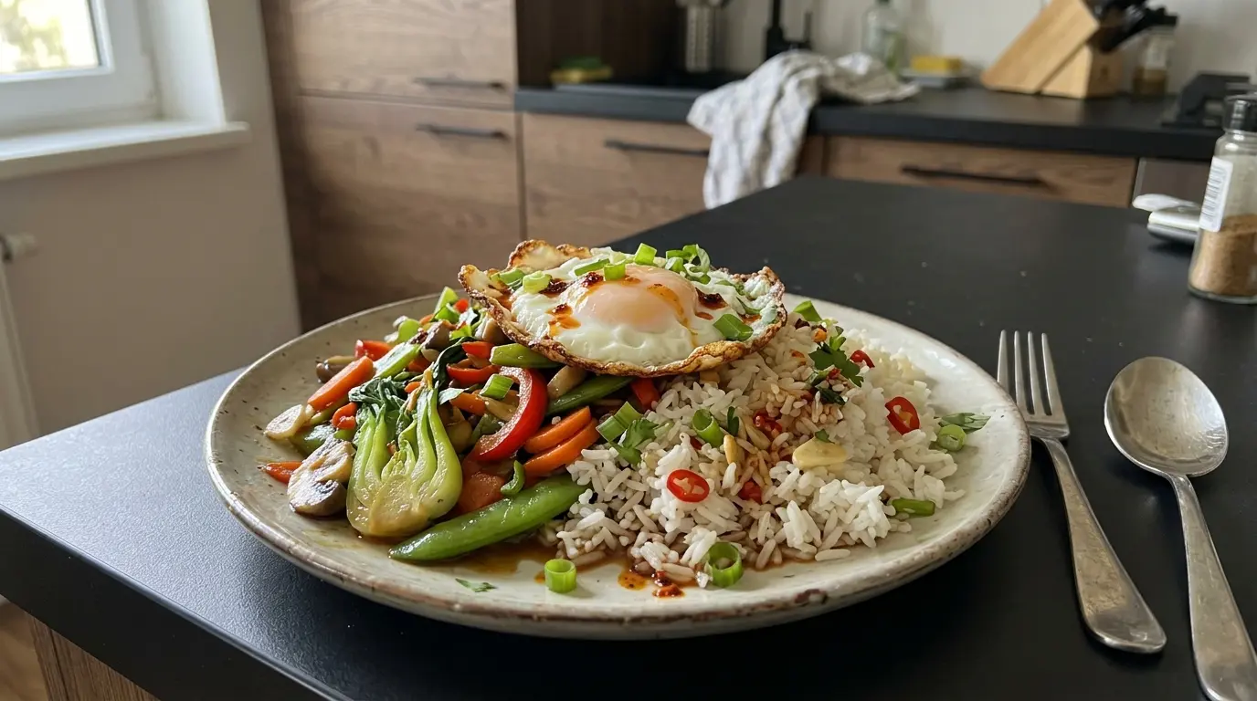 Riz jasmin thaïlandais avec œuf au plat et légumes poêlés
