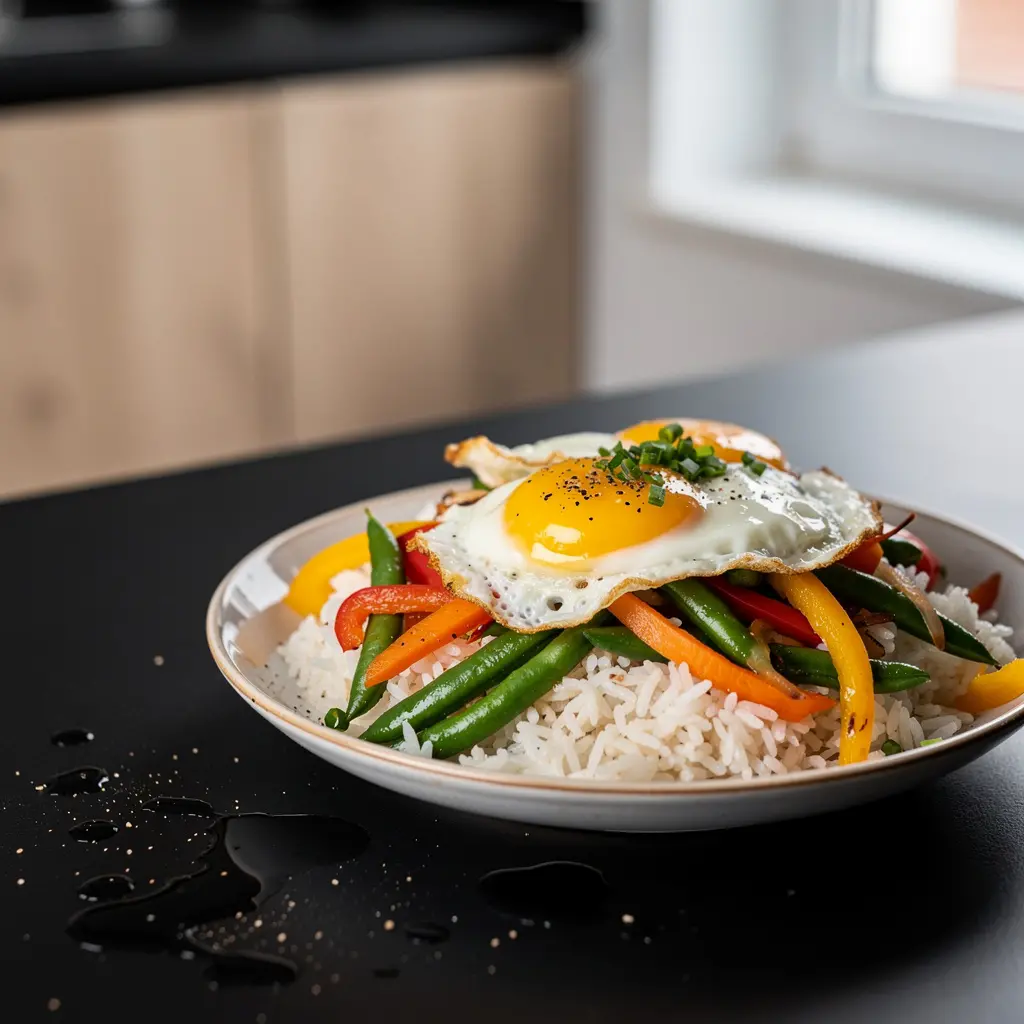 Tajski ryż jaśminowy z jajkiem sadzonym i warzywami z patelni