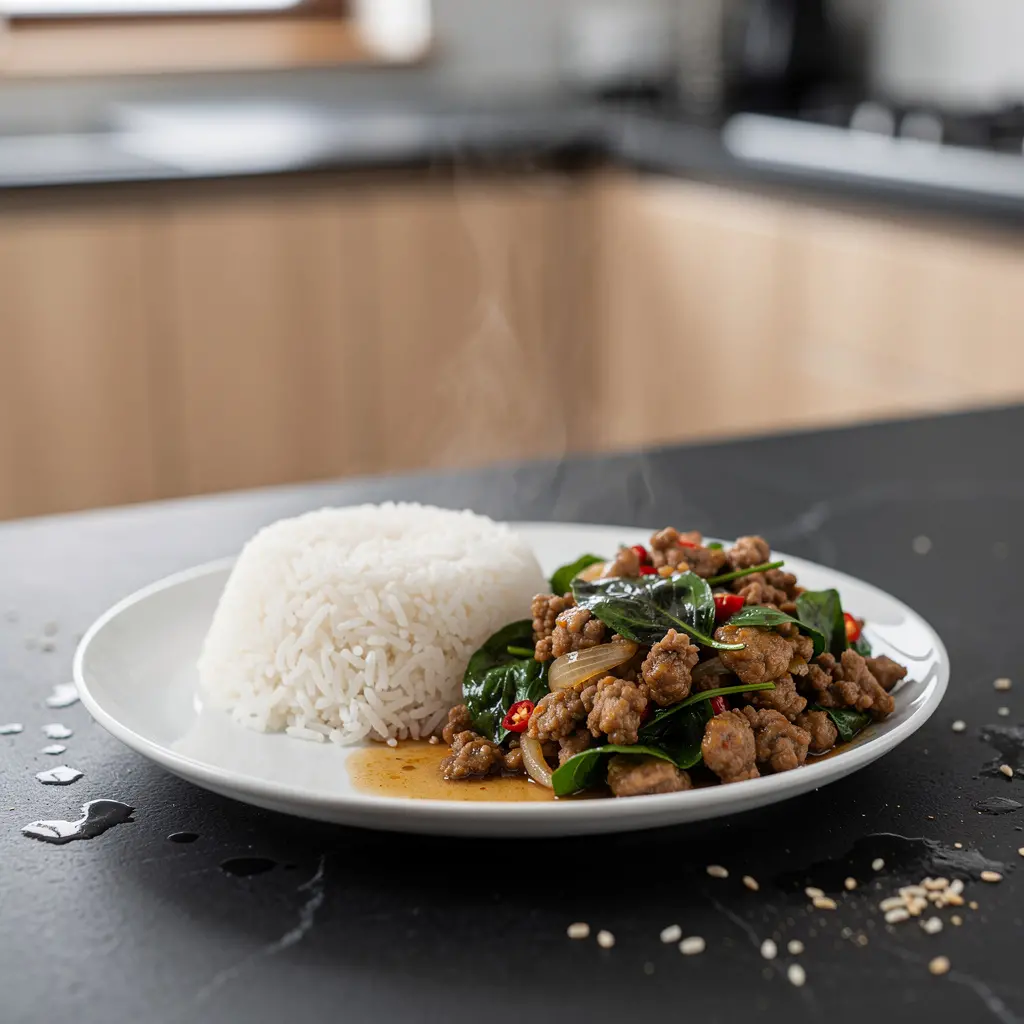 Spicy Thai Jasmine Rice with Pork and Basil