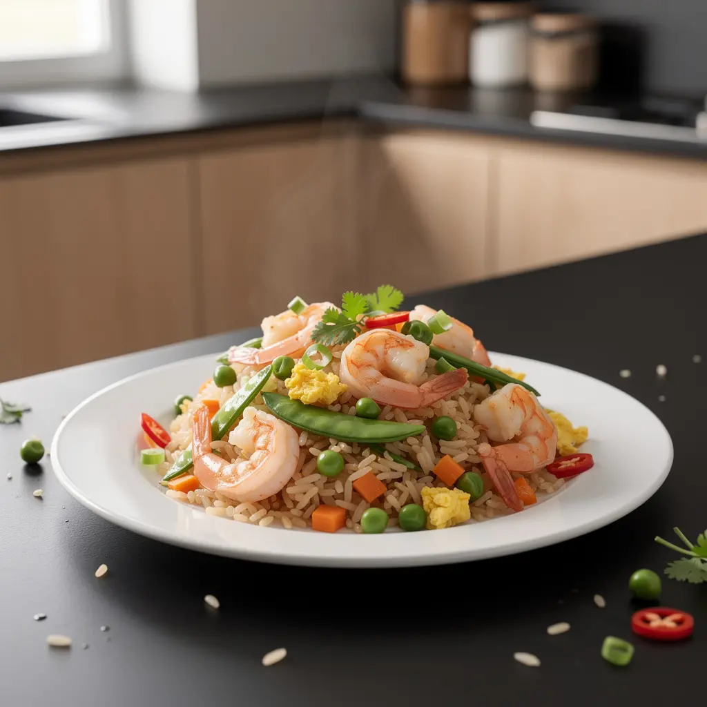 Tajski ryż smażony z krewetkami i groszkiem cukrowym