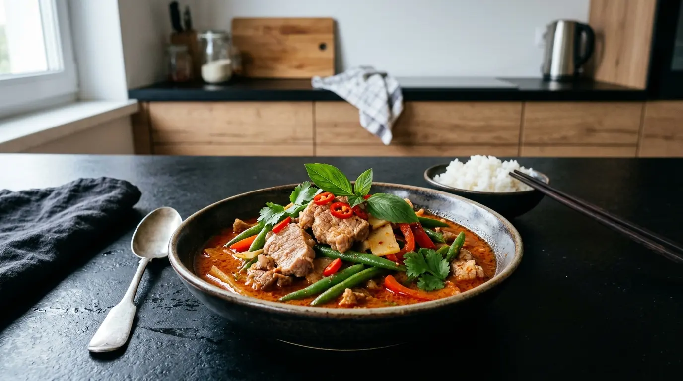 Tajskie curry czerwone z wieprzowiną i zieloną fasolką