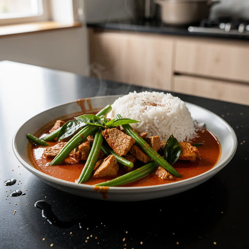 Tajskie curry czerwone z wieprzowiną i zieloną fasolką