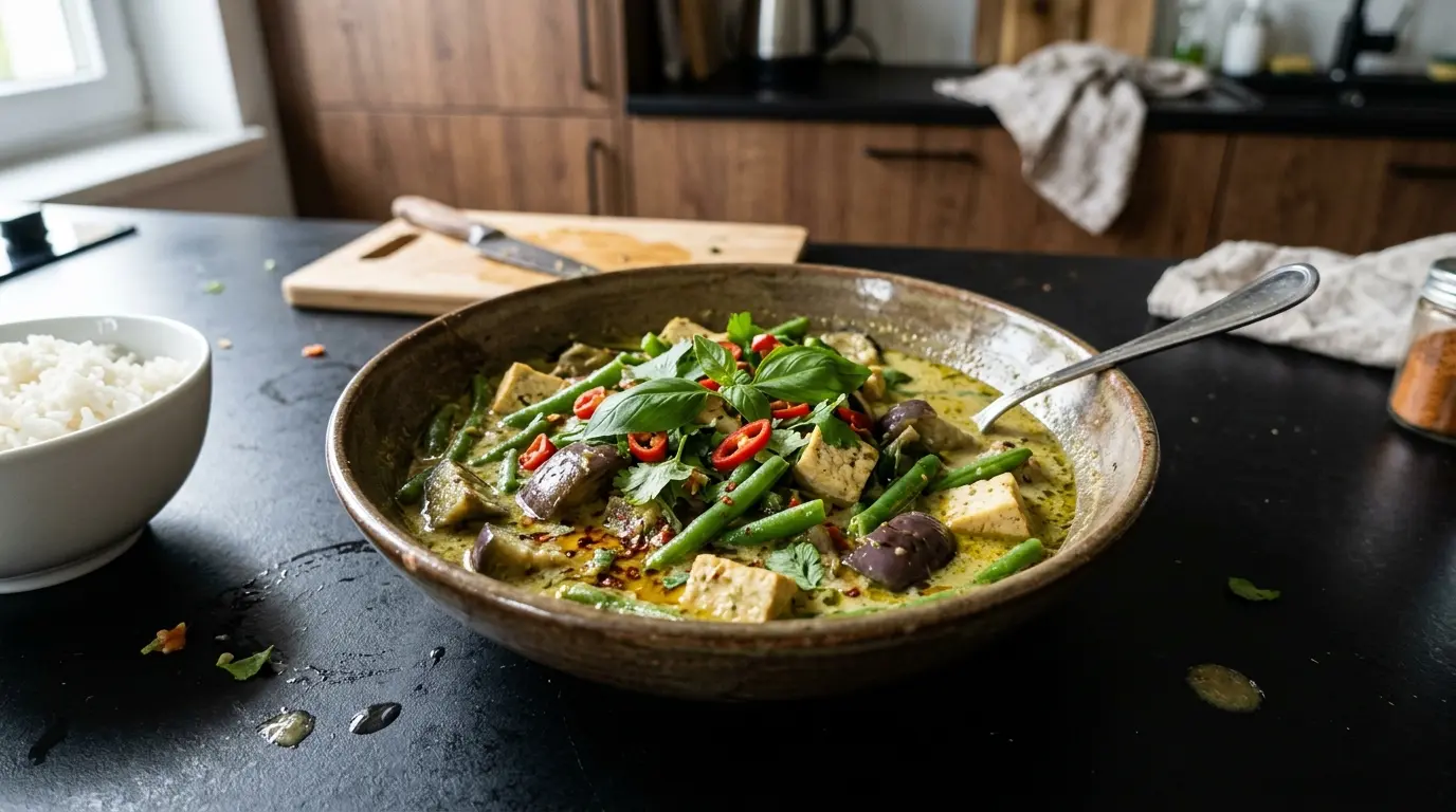 Tajskie curry z bakłażanem, fasolką i tofu w mleku kokosowym