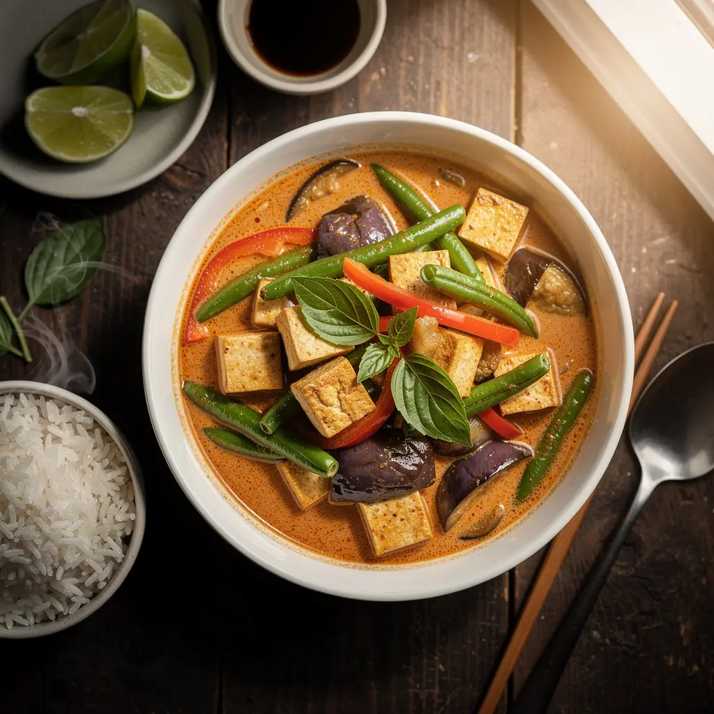 Tajskie curry z bakłażanem, fasolką i tofu w mleku kokosowym