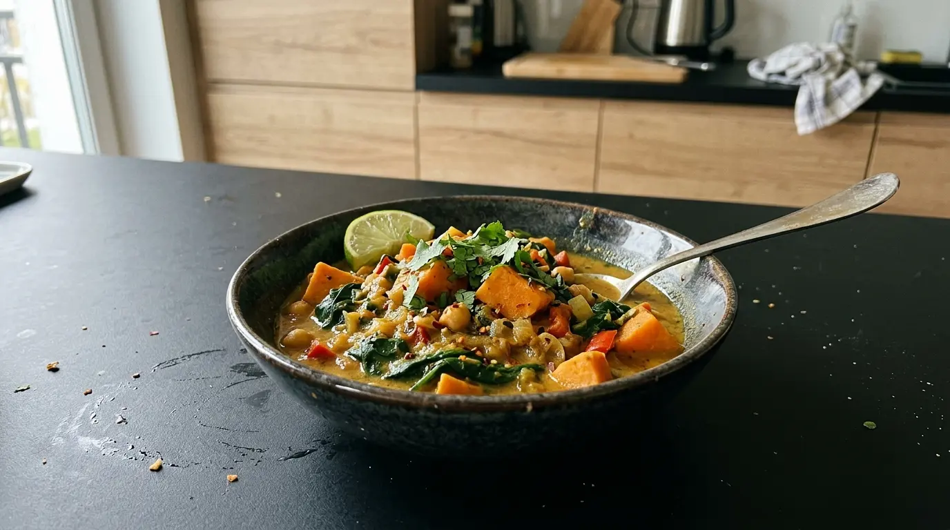 Curry thai con patate dolci e spinaci in un’unica pentola