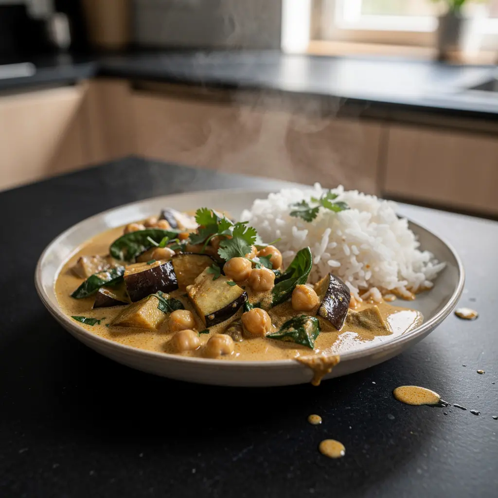 Tajskie curry z ciecierzycą, bakłażanem i szpinakiem