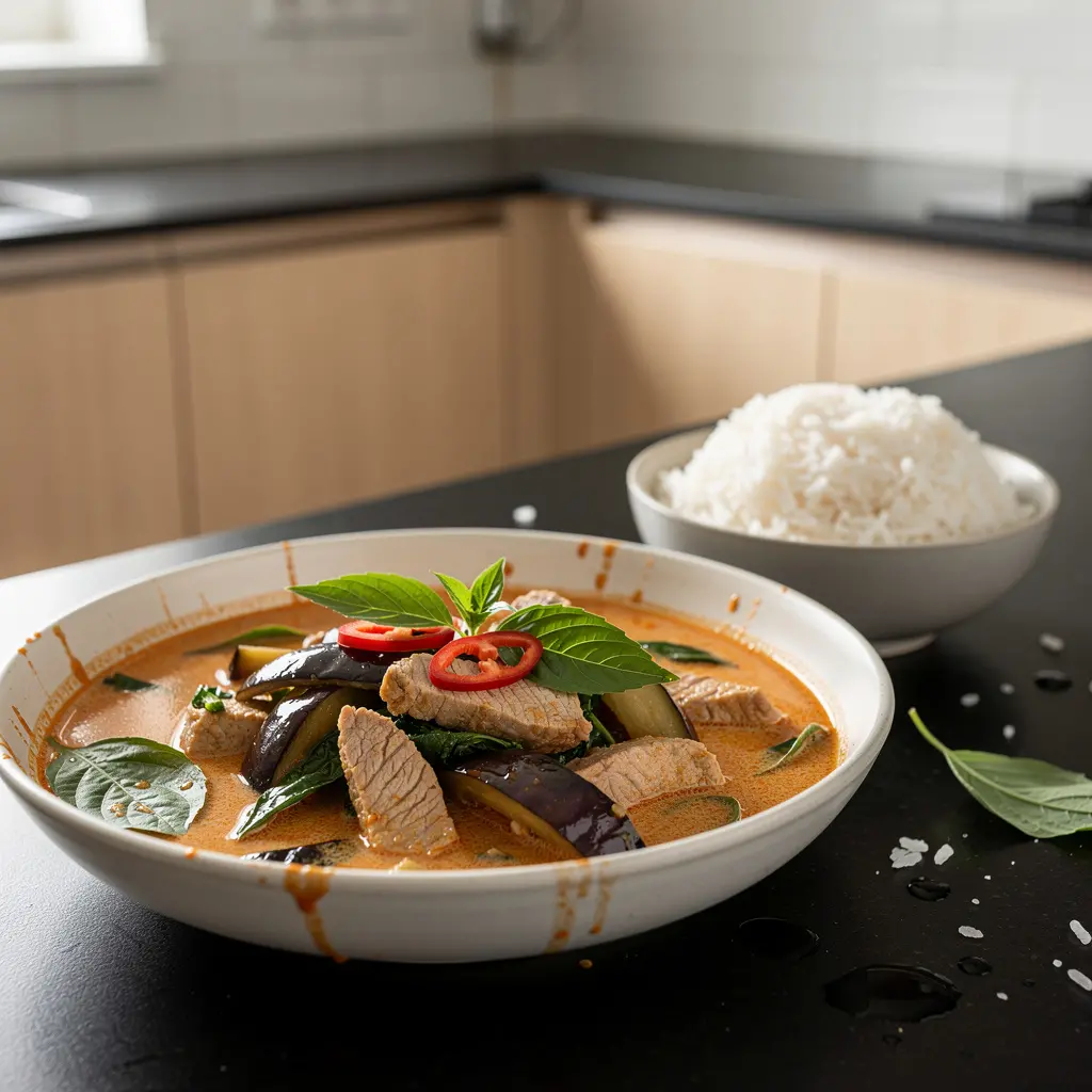 Tajskie curry z wieprzowiną, bakłażanem i bazylią tajską
