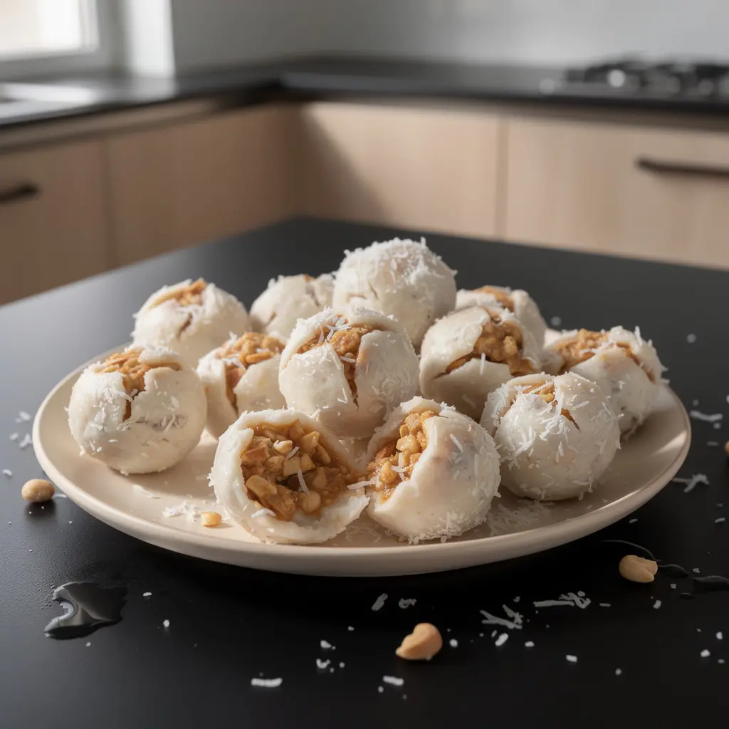 Tajskie kuleczki z kleistego ryżu z nadzieniem kokosowo-orzechowym