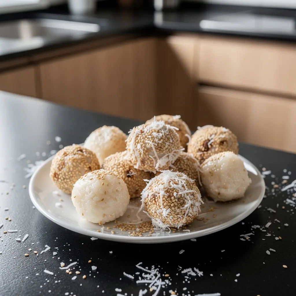 Tajskie kuleczki z kleistego ryżu z kokosem i sezamem