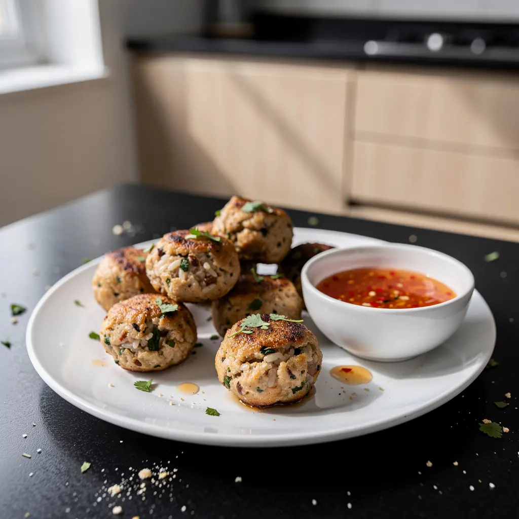 Tajskie kuleczki z kurczaka i ryżu z sosem słodko-pikantnym