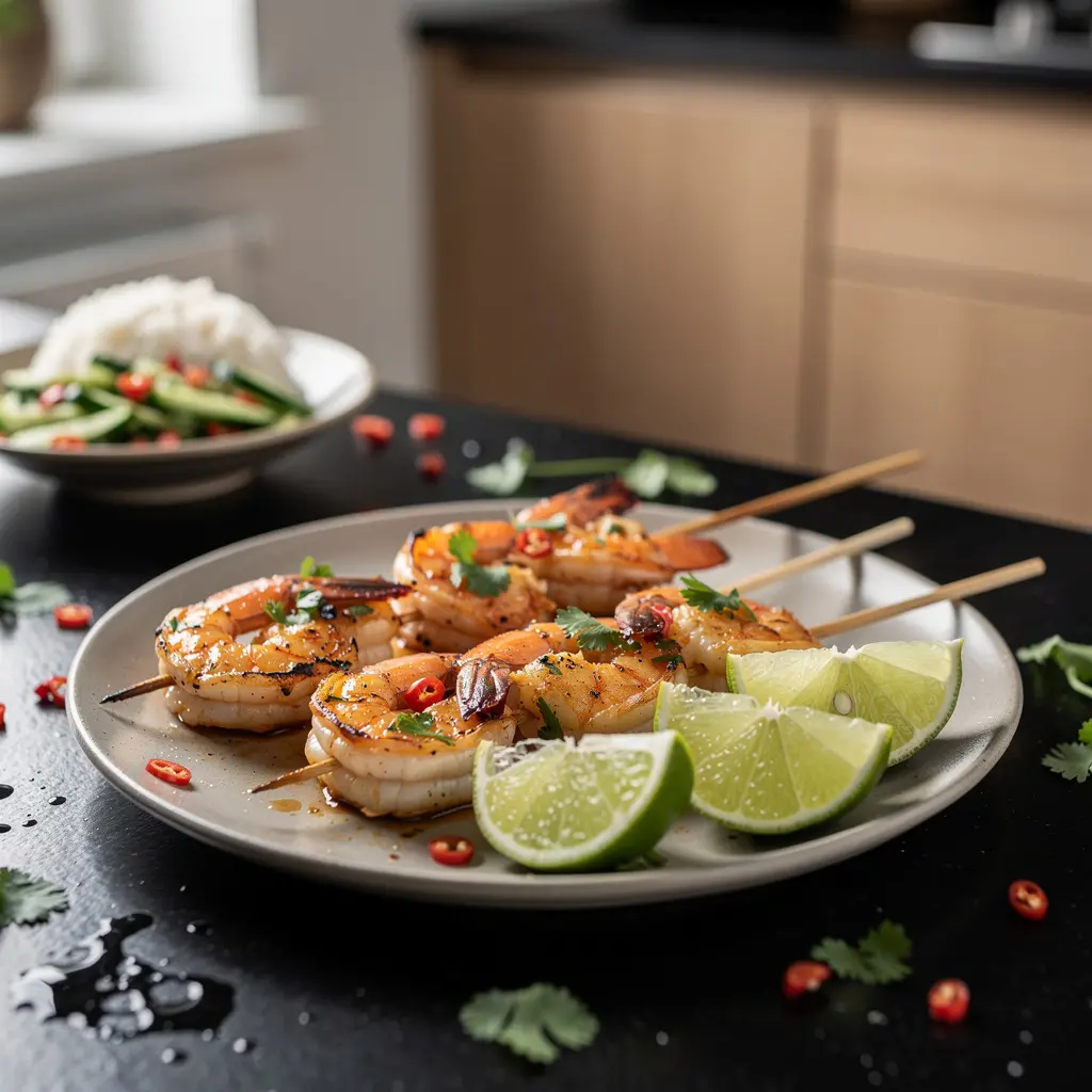 Tajskie szaszłyki z krewetek z czosnkiem i kolendrą