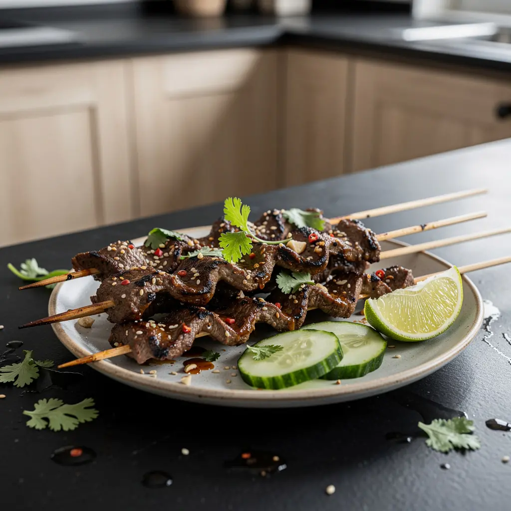 Tajskie szaszłyki z wołowiny w marynacie sezamowo-czosnkowej
