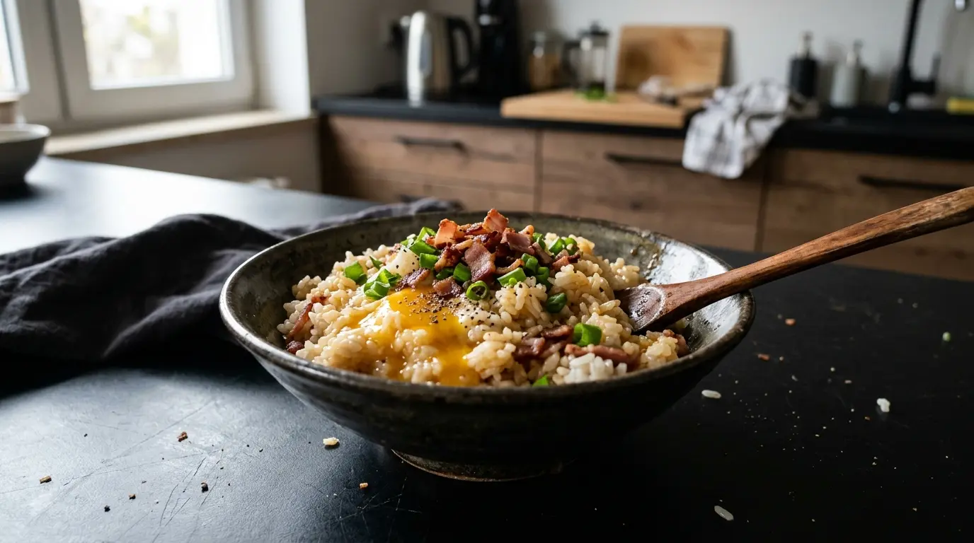 Tamago gohan z boczkiem i szczypiorkiem