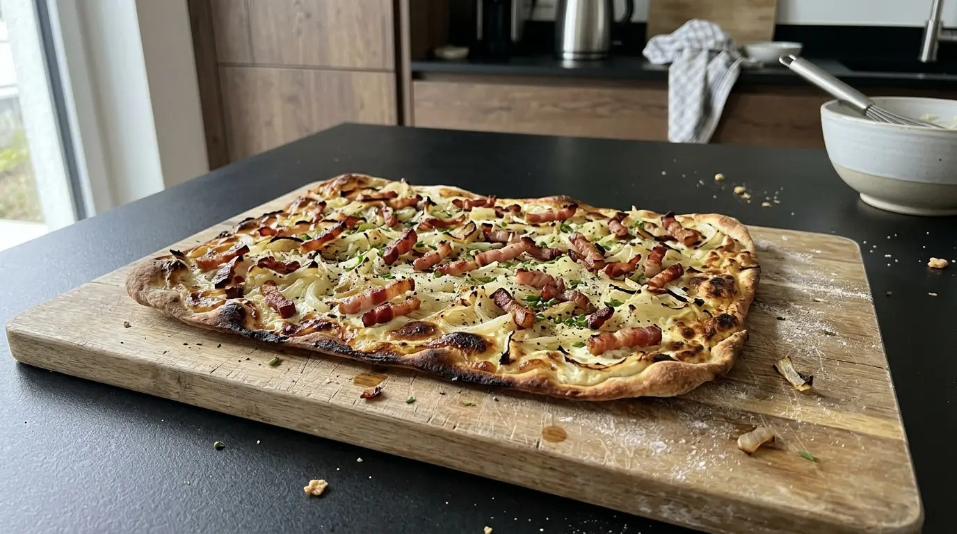 Tarte flambée – elsässische dünne Tarte mit Speck und Zwiebeln