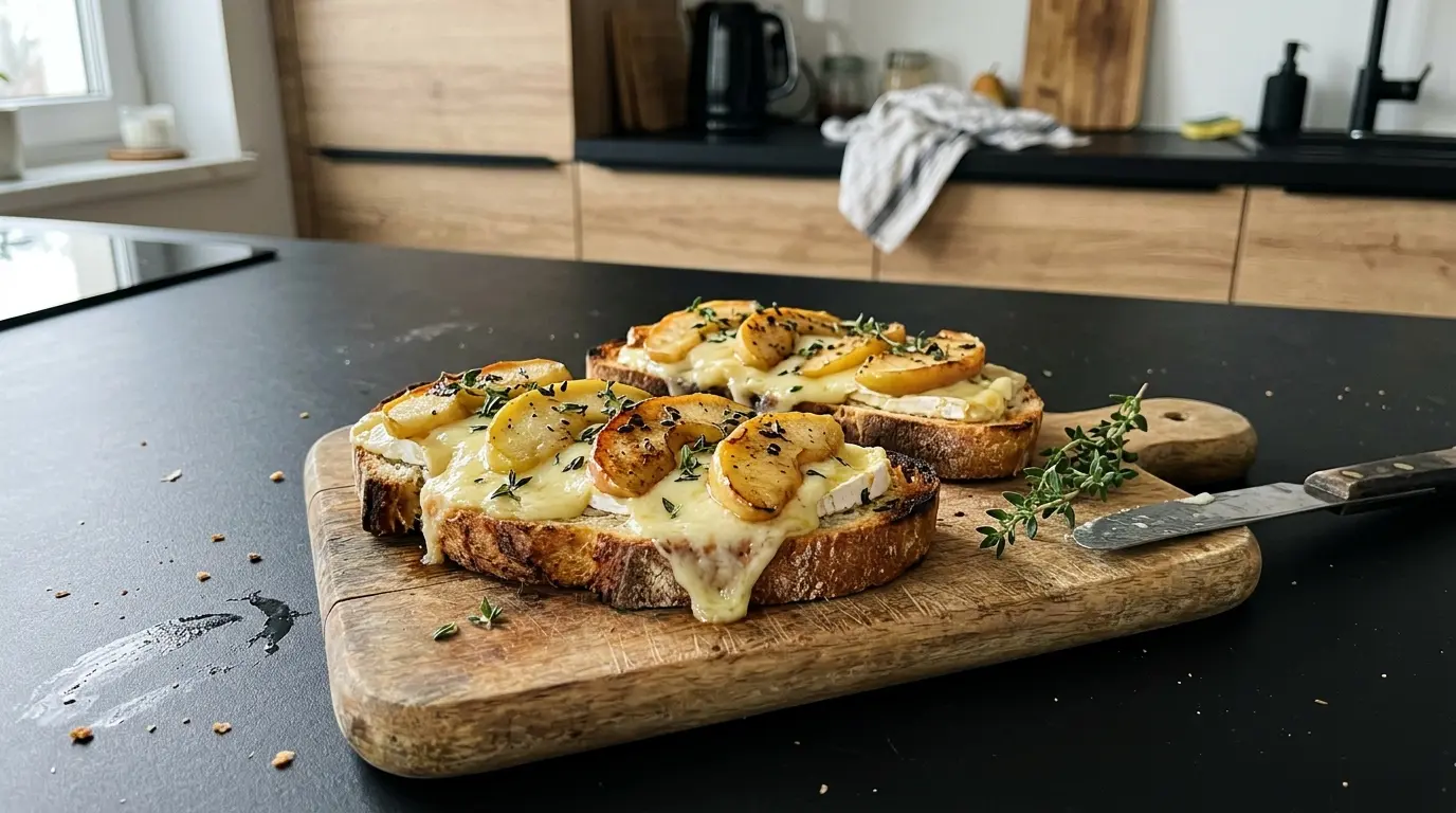 Tartines mit Camembert und Apfel – überbackene Brotscheiben mit Camembert und Apfel