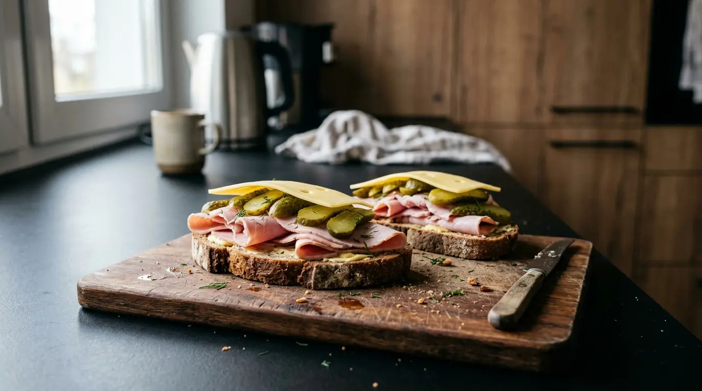 Tartines au jambon et cornichons – bocadillos abiertos con jamón y pepinos encurtidos