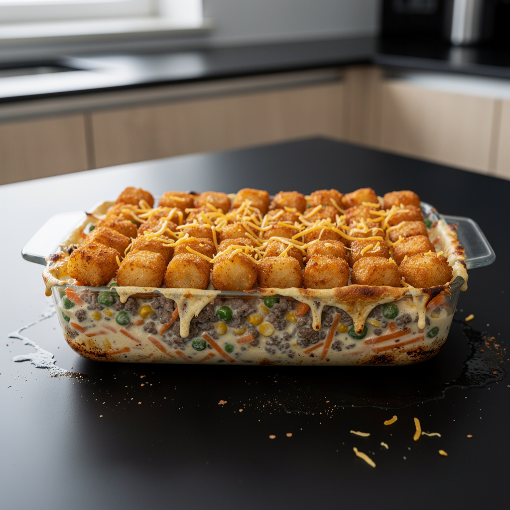 Tater tot casserole z wołowiną i warzywami