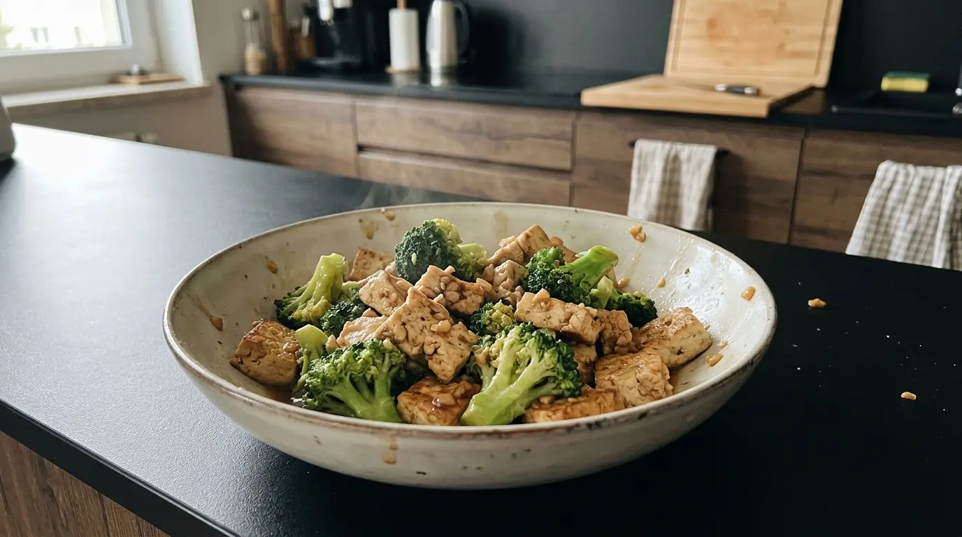 Tofu smażone z brokułem w sosie czosnkowo-sojowym
