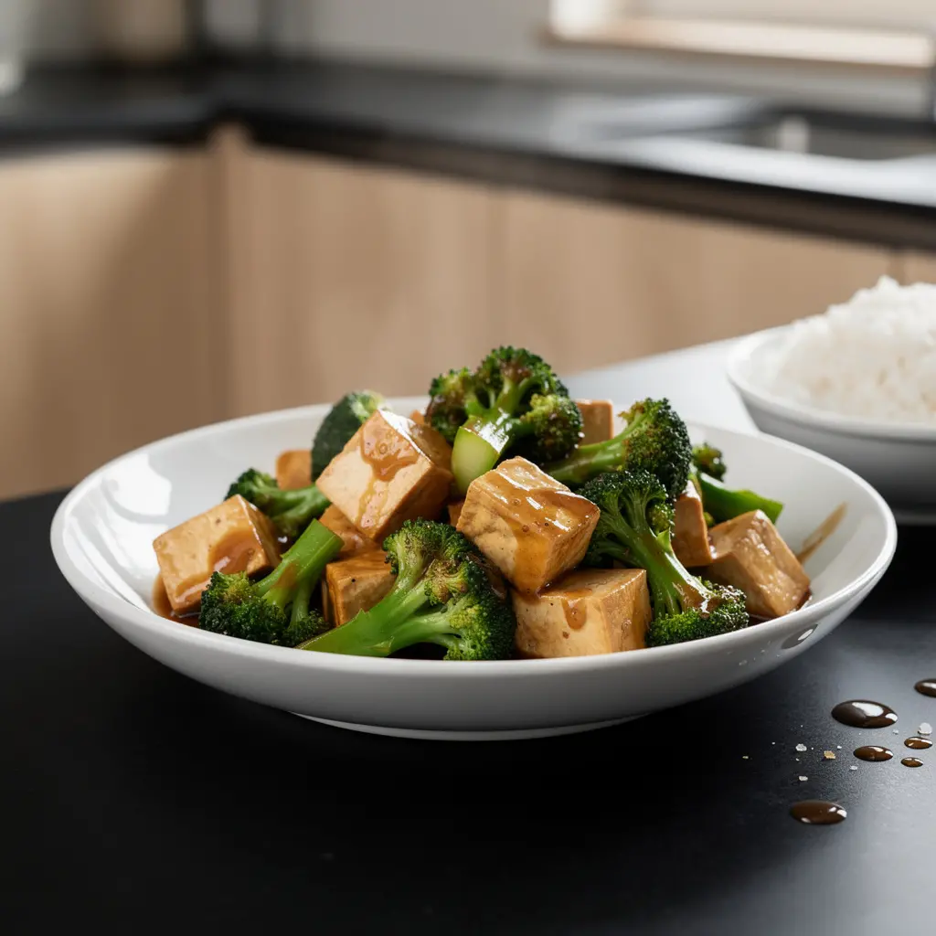 Tofu smażone z brokułem w sosie czosnkowo-sojowym