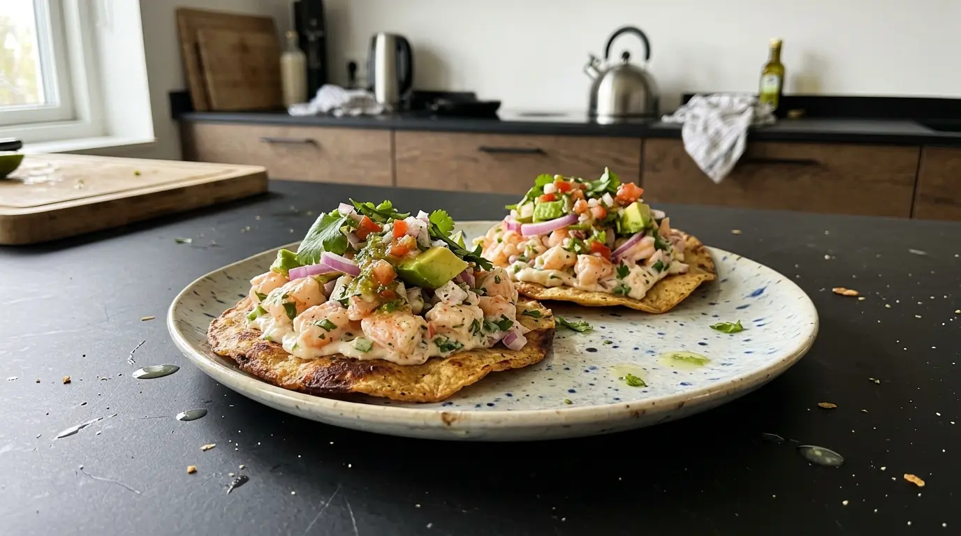 Tostadas de camarón – chrupiące tortille z krewetkami i salsą z limonką
