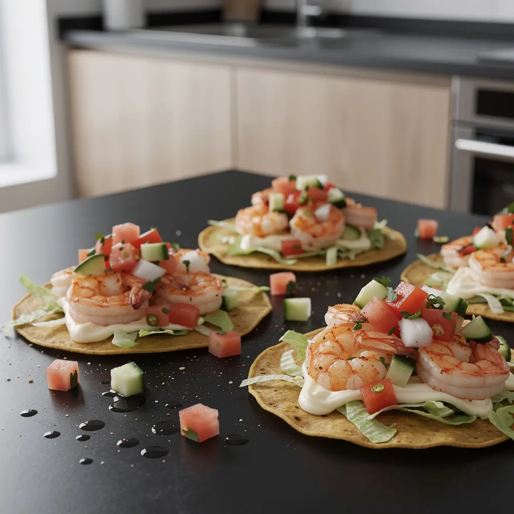 Tostadas de camarón – crispy tortillas with shrimp and lime salsa