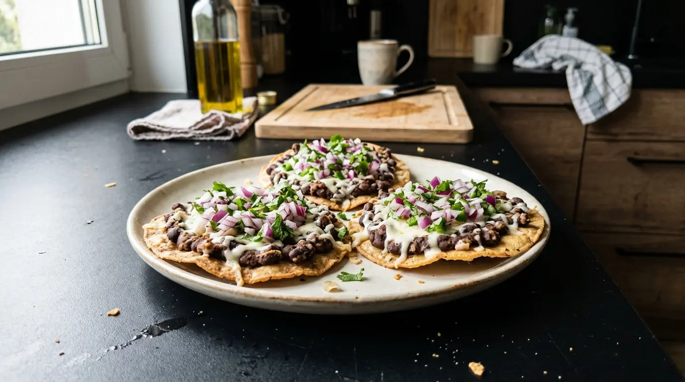 Tostadas de frijoles negros with cheese and red onion salsa