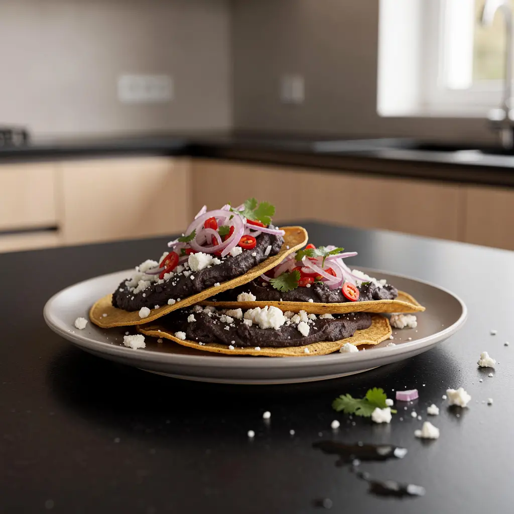 Tostadas de frijoles negros z serem i salsą z czerwonej cebuli