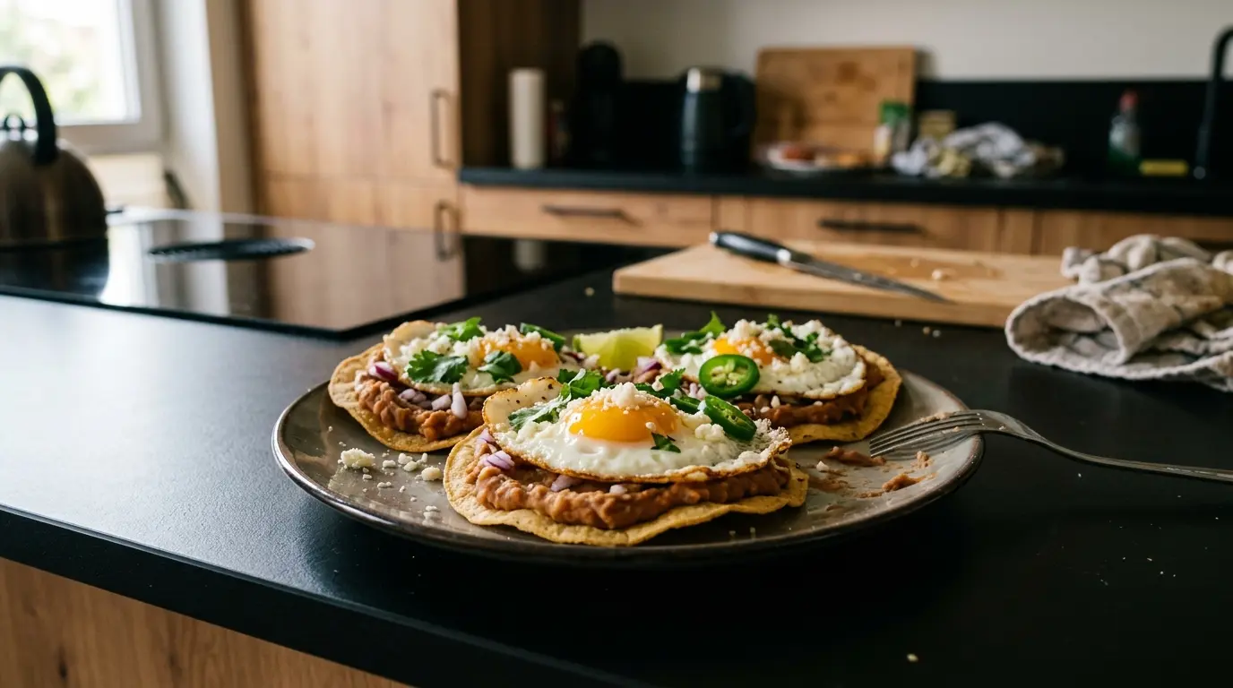 Tostadas de frijoles refritos with fried egg