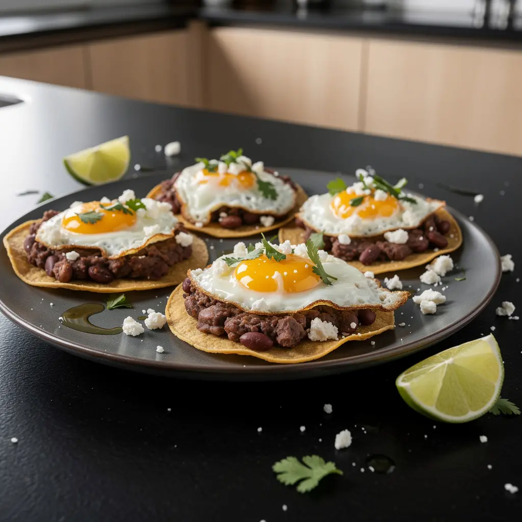 Tostadas de frijoles refritos with fried egg