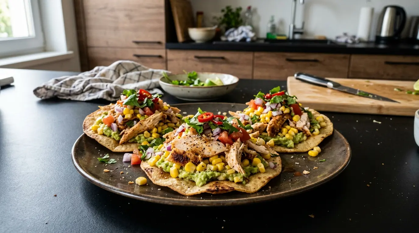 Tostadas de pollo with avocado and corn