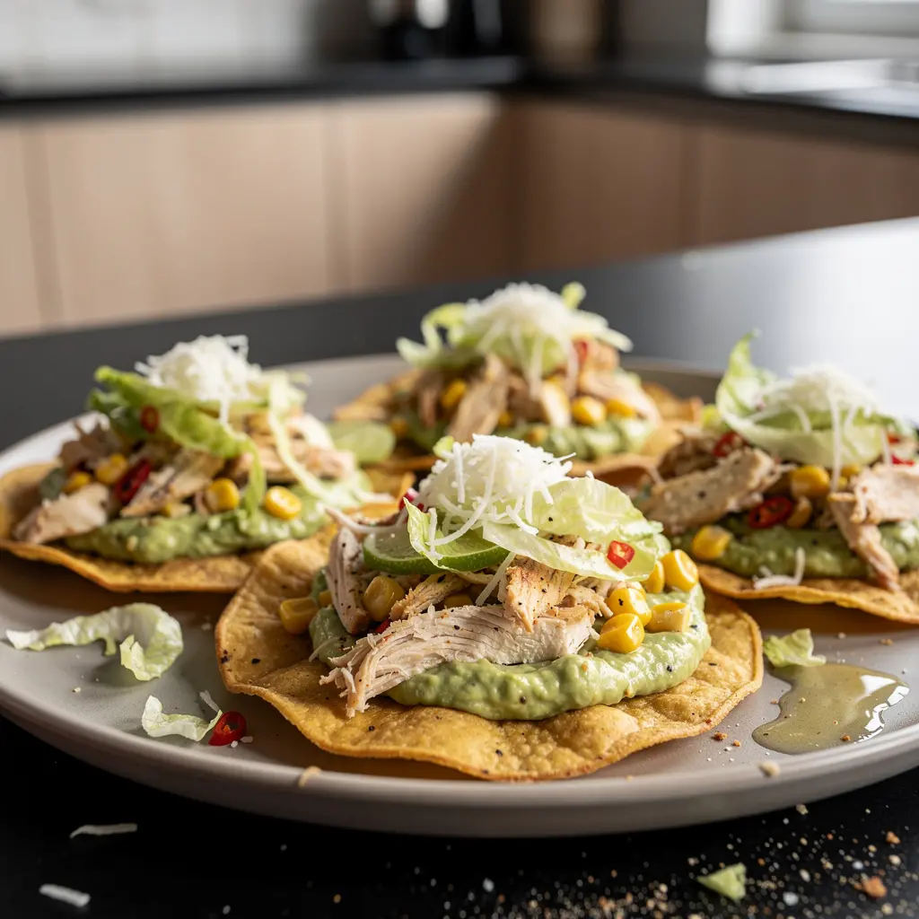 Tostadas de pollo con aguacate i kukurydzą