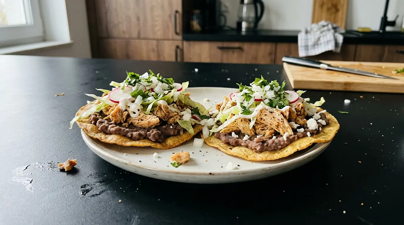 Tostadas de pollo con frijoles – chrupiące tortille z kurczakiem i fasolą