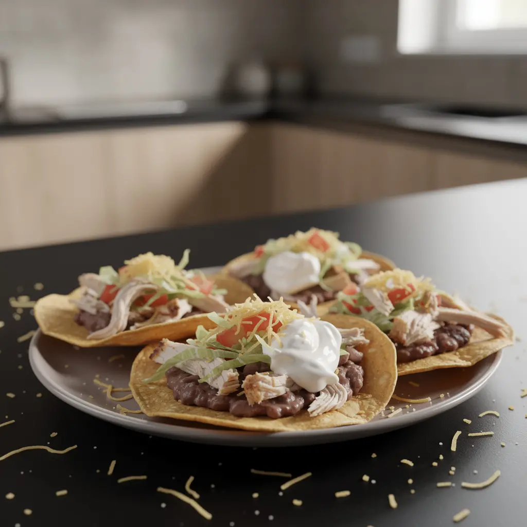 Tostadas de pollo con frijoles – knusprige Tortillas mit Huhn und Bohnen