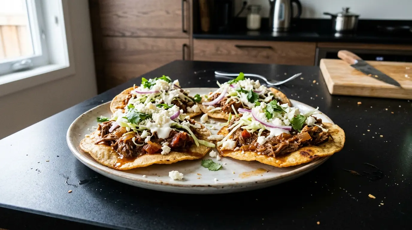 Tostadas de tinga de res – chrupiące tortille z wołowiną w sosie chipotle