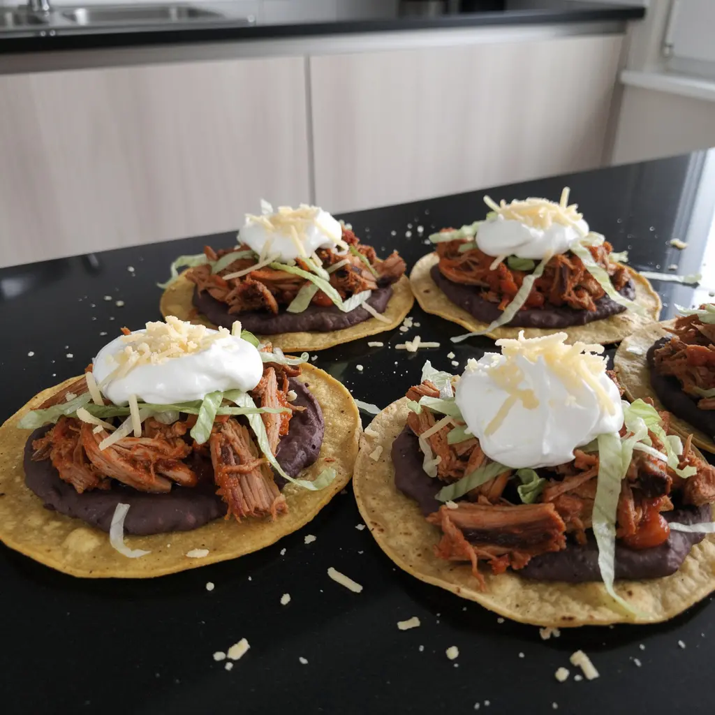 Tostadas de tinga de res – chrupiące tortille z wołowiną w sosie chipotle