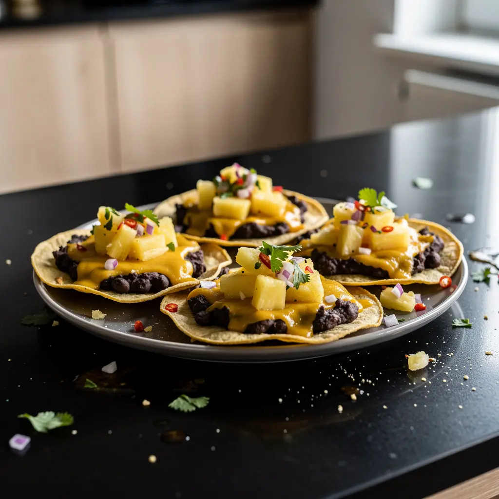 Tostadas z fasolą, serem i salsą z ananasa