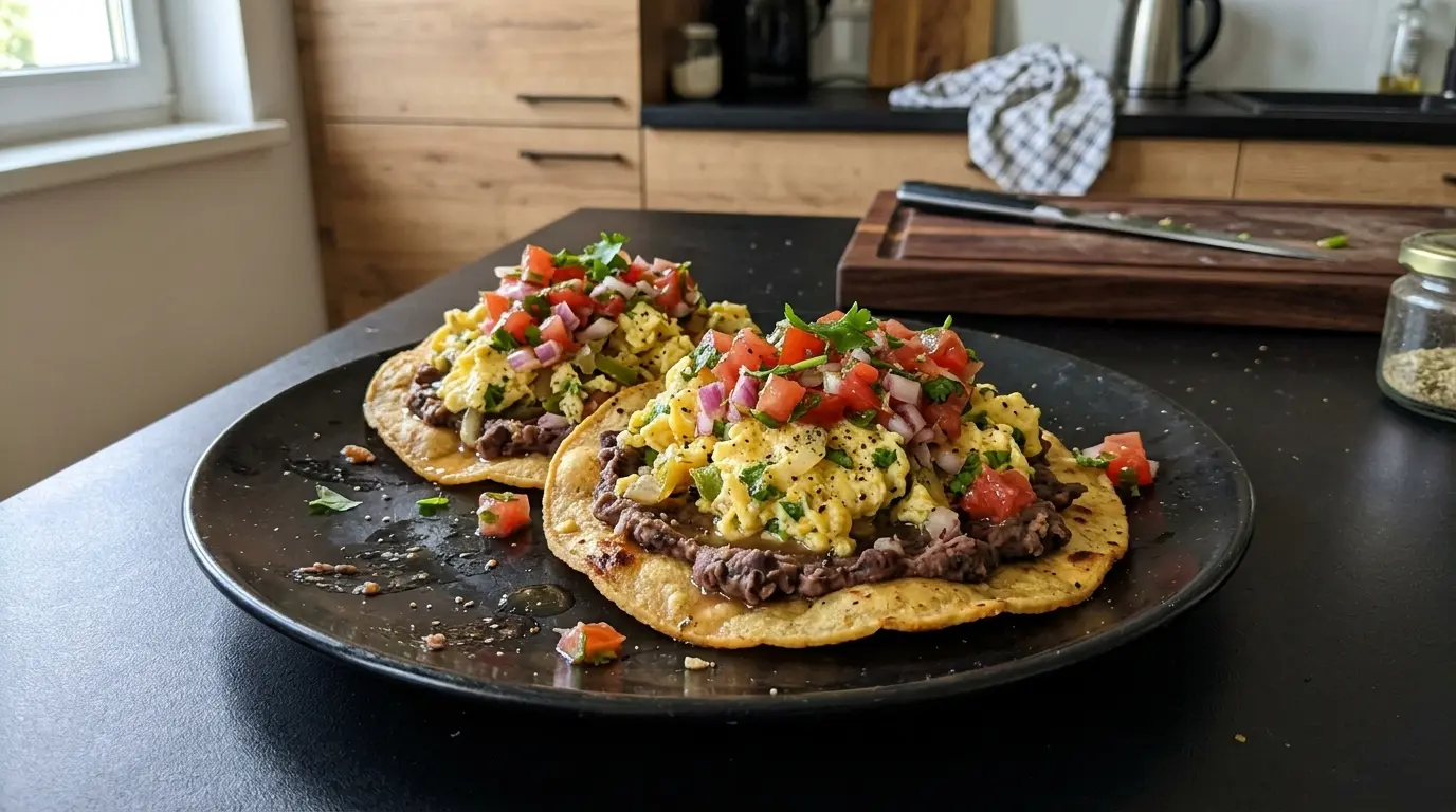 Tostadas with scrambled eggs, beans and tomato salsa