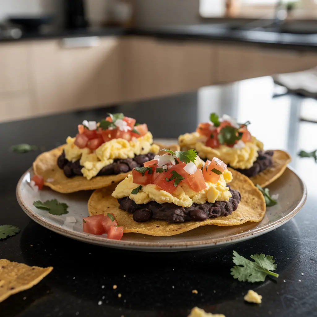 Tostadas with scrambled eggs, beans and tomato salsa