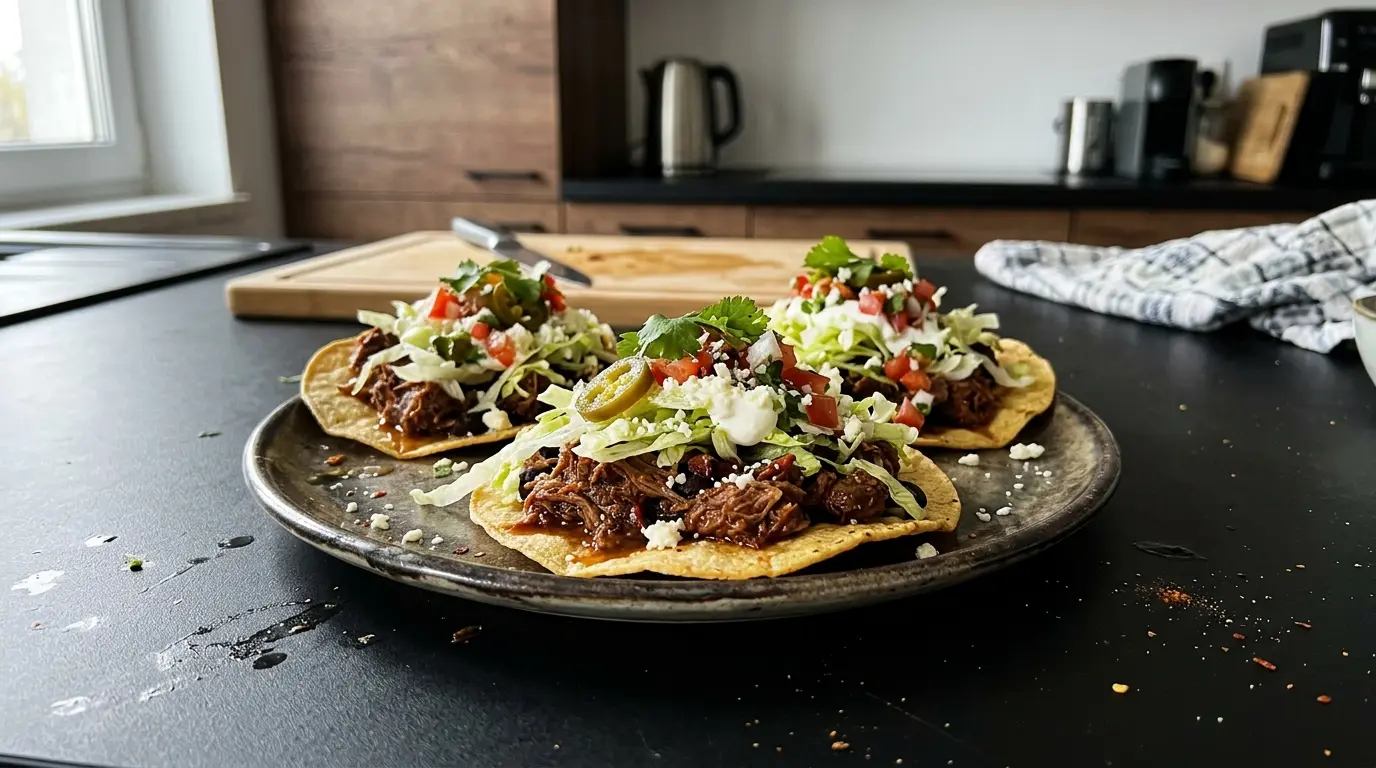 Tostadas z wołowiną duszoną w piwie i chili