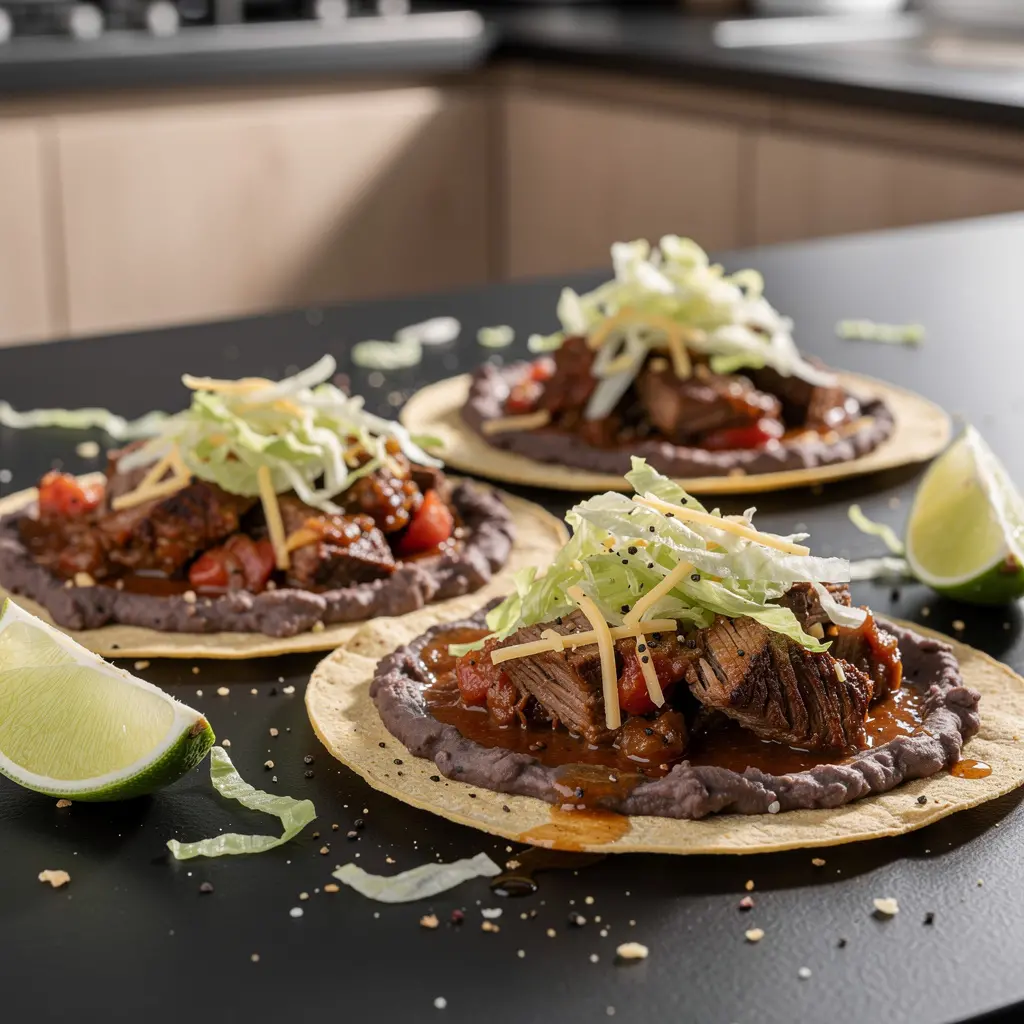 Tostadas z wołowiną duszoną w piwie i chili