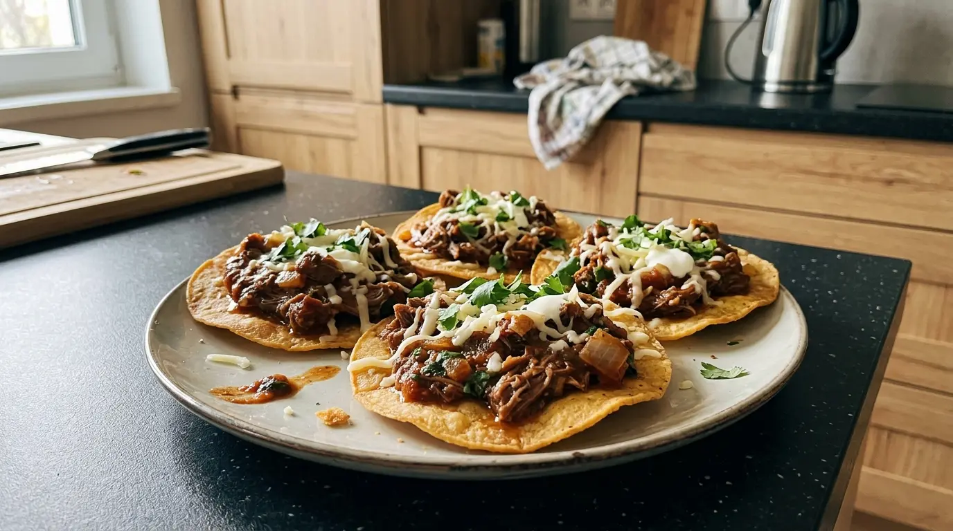Tostadas z wołowiną w sosie pomidorowo-chili