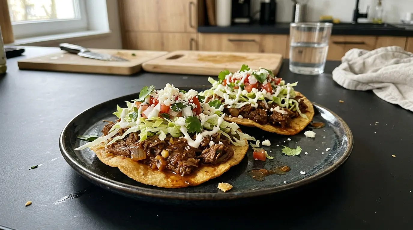 Tostadas z wołowiną w sosie pomidorowo-kuminowym i sałatą