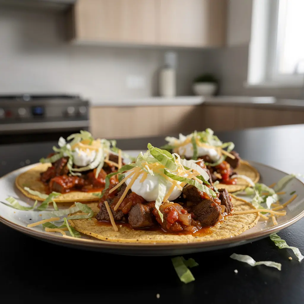 Tostadas z wołowiną w sosie pomidorowo-kuminowym i sałatą