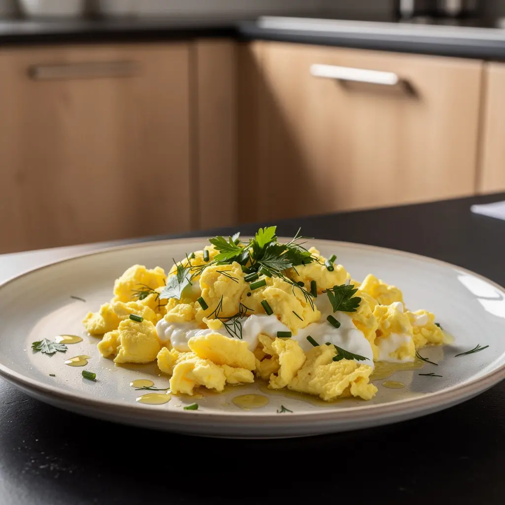 Revuelto turco con yogur y hierbas
