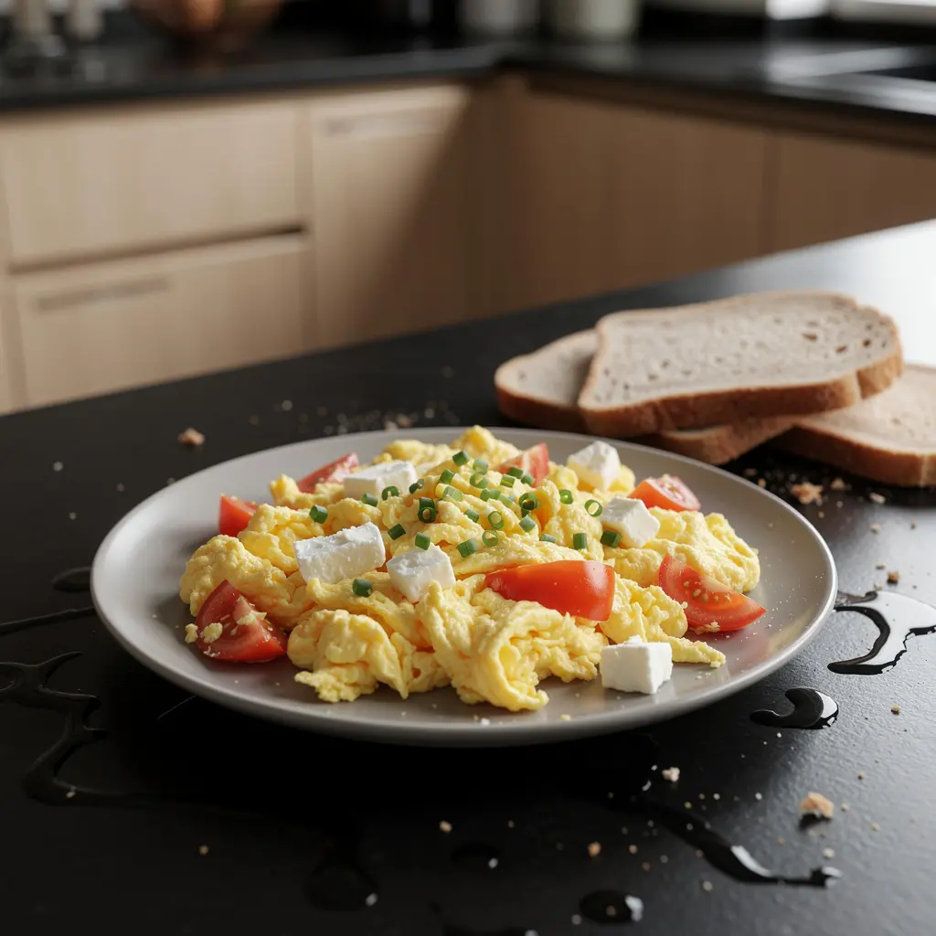 Uova strapazzate turche con pomodori e formaggio bianco