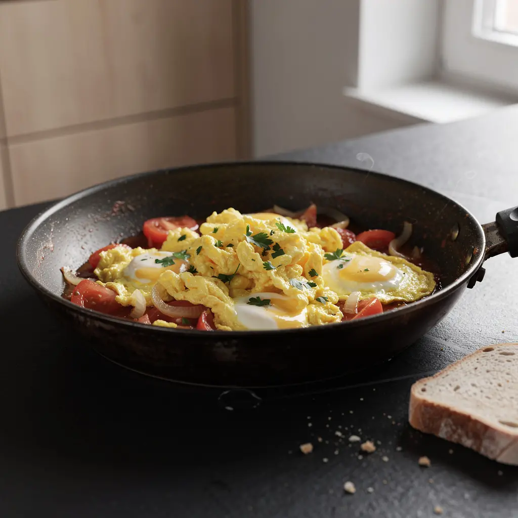 Turecka jajecznica z pomidorami i cebulą na maśle